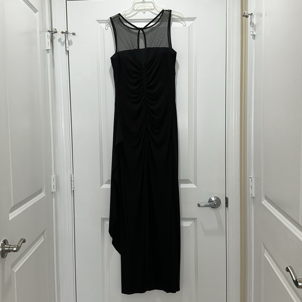 Sheer mesh top formal gown, flattering ruched back